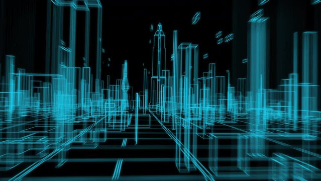 Wire futuristic City SF building modern fly through CG background