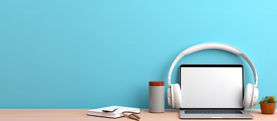 A minimal concept banner featuring a laptop on a desk with a blank screen, headphones, and a blue background. represents distant learning, working from home, online courses, helpdesk, or call center