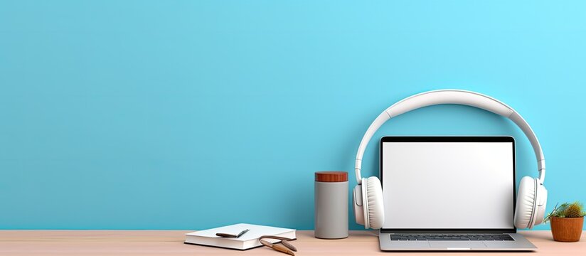 A minimal concept banner featuring a laptop on a desk with a blank screen, headphones, and a blue background. represents distant learning, working from home, online courses, helpdesk, or call center