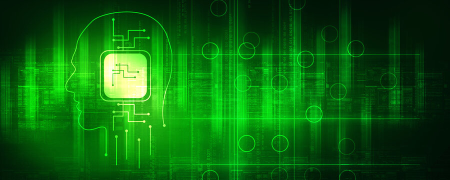 2d illustration latest computer microchips in face background