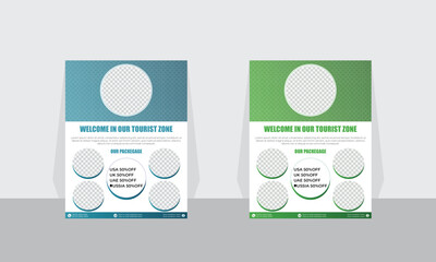 A vector template travel flyer set with geometric shapes and green and sky blue color gradiant,