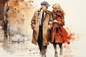 Fototapeta premium Illustration Older Man And Woman Full Of Wonder Fall Backdrop Generative AI