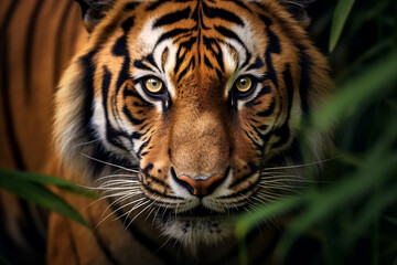 Intense eyes of a majestic tiger, a glimpse into the wild's untamed spirit.