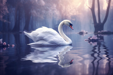 Elegant swan gliding on a serene mirrored lake, a scene of pure elegance.