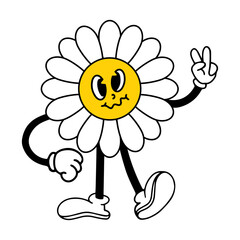 Funny cartoon flower characters. The hero of the emotion daisy comics with elements in the fashionable retro cartoon groovy style. Hands in gloves, and feet in retro shoes. Vector illustration.