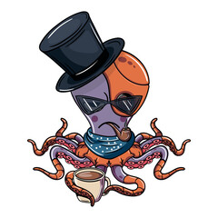 Cartoon Angry cyborg octopus character smoking a pipe with a cup of coffee. Illustration for fantasy, science fiction and adventure comics