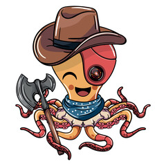 Cartoon comic western cowboy cyborg octopus character with a war axe. Illustration for fantasy, science fiction and adventure comics