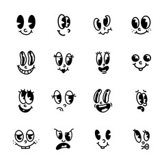 Set emotional faces from cartoons in retro style. Animation character elements of eyes and mouths, a collection of emotions. Vector illustration.