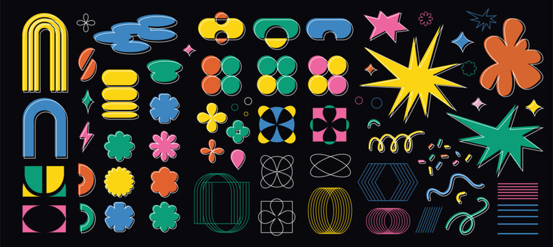Mega set naive groovy flat shapes. Sticker pack with abstract brutalist geometric elements. Circle star flower in trendy retro 90s cartoon style. Vector illustration with wavy modern graphic design