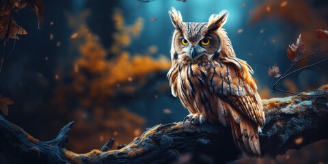Close-up photo of an owl at night in the forest. Generative AI - Powered by Adobe
