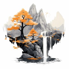a minimalistic mountain and waterfall