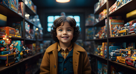Jeune enfant souriant dans un magasin de jouets. - obrazy, fototapety, plakaty