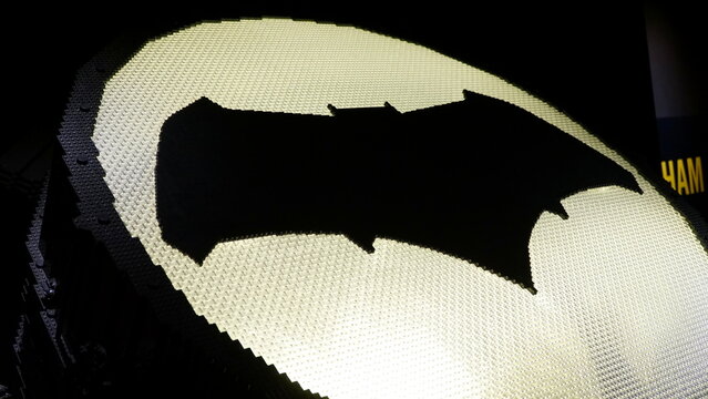 BATSIGNAL made with Lego bricks by Nathan Sawaya of The Art of the Brick DC Super Heroes