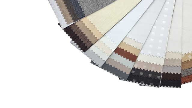 swatch of black out drapery fabric samples with different textures in earth color tone, close up view, isolated on background with clipping path.