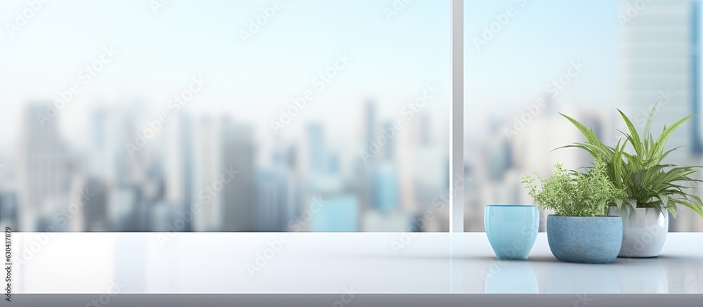 Aufkleber The background is a blurred modern workspace with a window and light, suitable for offices or hospitals. It is a white indoor interior with copy space for advertising and business presentations.