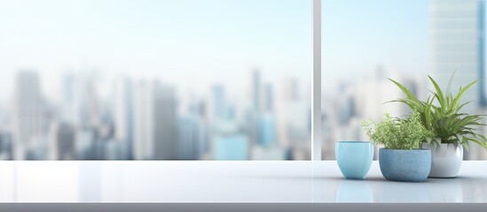 The background is a blurred modern workspace with a window and light, suitable for offices or hospitals. It is a white indoor interior with copy space for advertising and business presentations.
