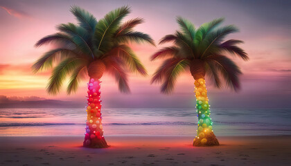 Christmas palm trees at the beach with copy space