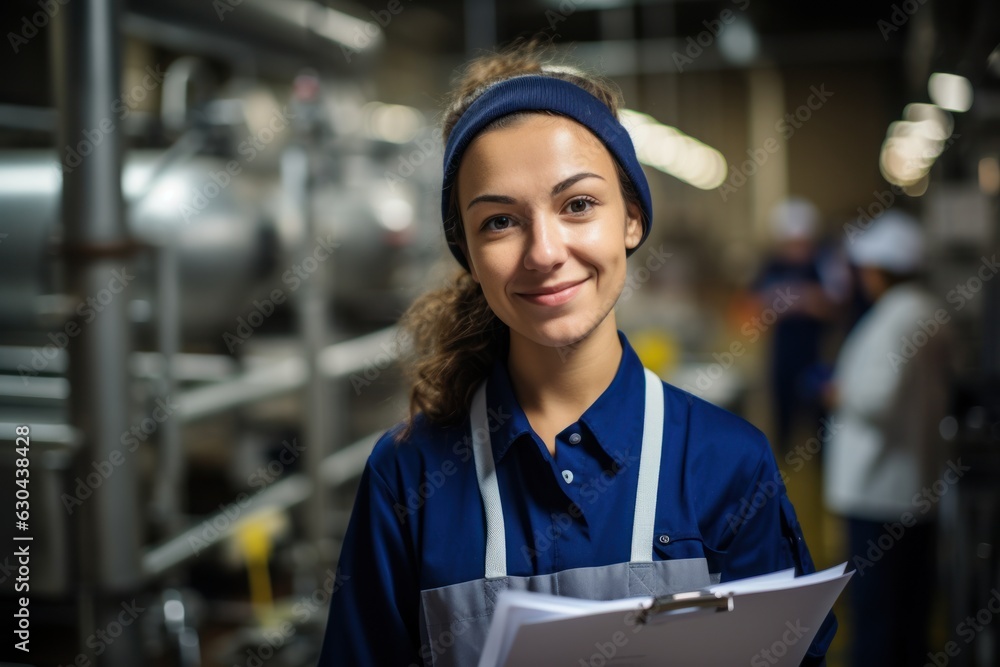 Poster inside the food processing factory with a positive smiling technologist holding checklist industrial