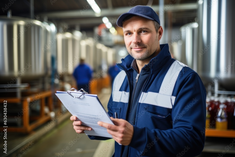 Poster inside the food processing factory with a positive smiling technologist holding checklist industrial