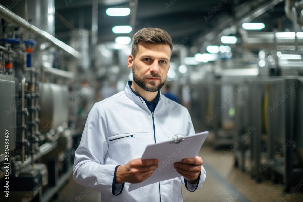 Poster inside the food processing factory with a positive smiling technologist holding checklist industrial