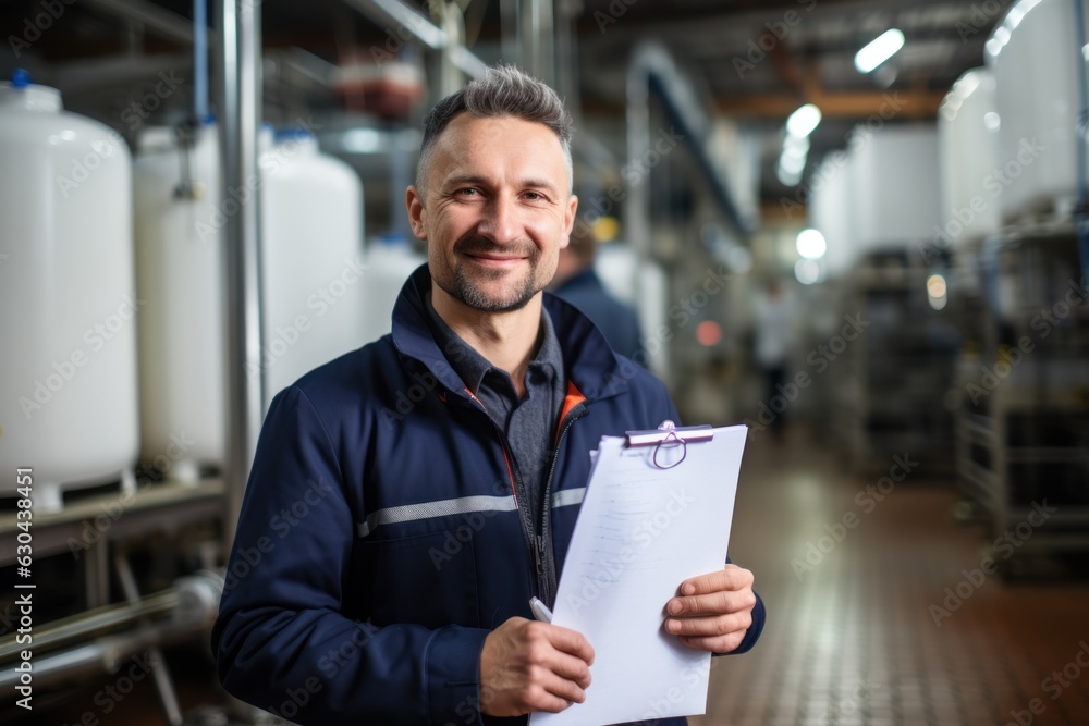 Poster inside the food processing factory with a positive smiling technologist holding checklist industrial