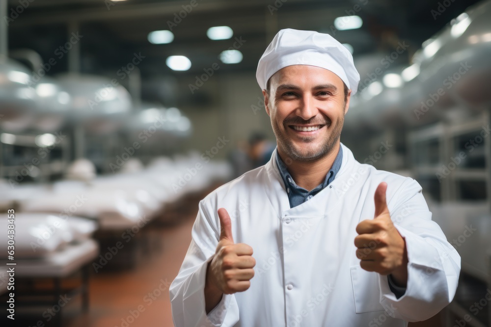 Poster inside the food processing factory with a positive smiling technologist holding checklist industrial