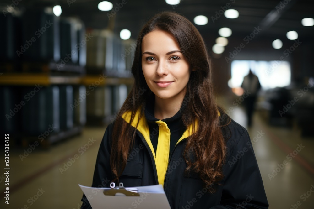 Poster inside the food processing factory with a positive smiling technologist holding checklist industrial