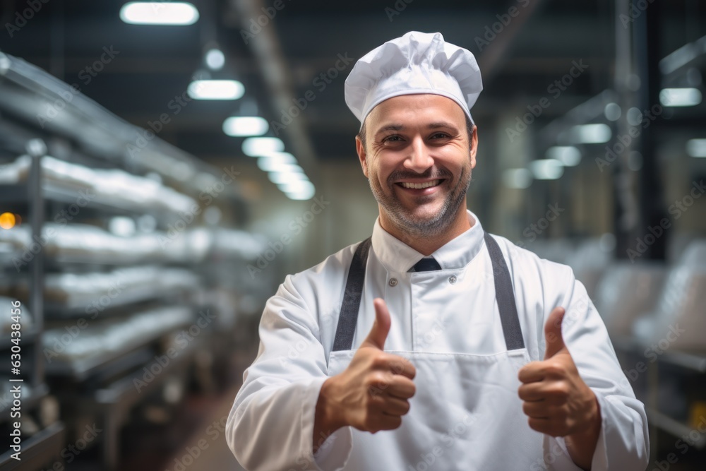 Poster inside the food processing factory with a positive smiling technologist holding checklist industrial