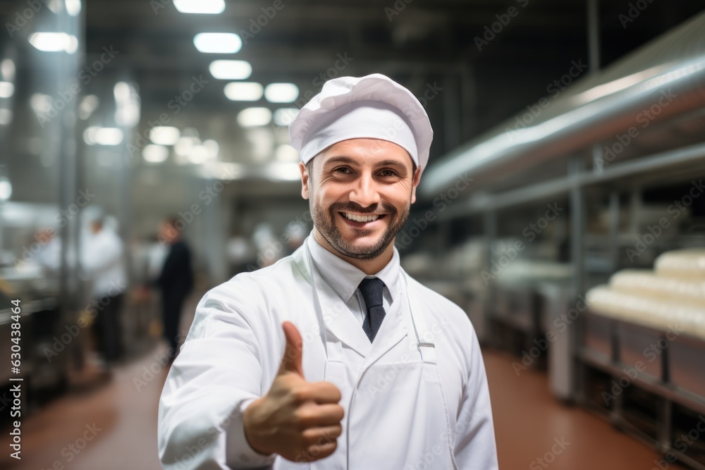 Poster inside the food processing factory with a positive smiling technologist holding checklist industrial
