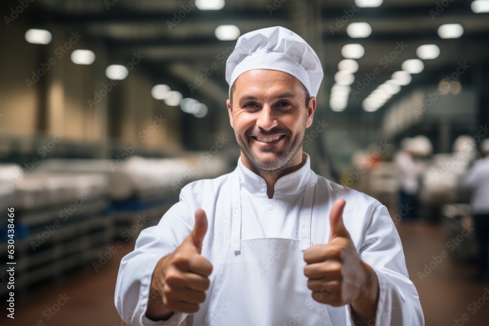 Poster inside the food processing factory with a positive smiling technologist holding checklist industrial