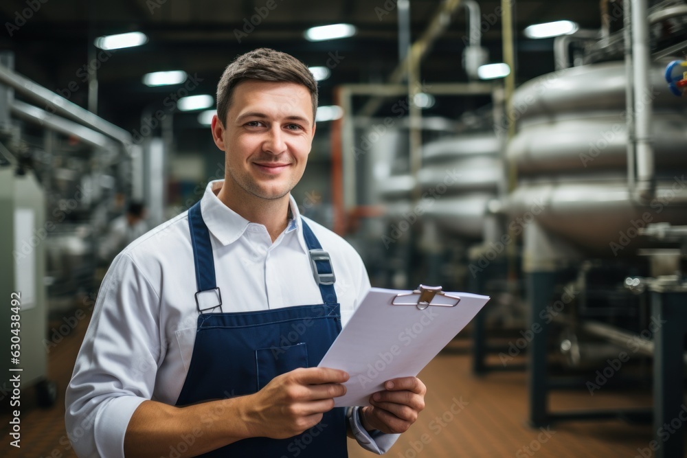 Poster inside the food processing factory with a positive smiling technologist holding checklist industrial
