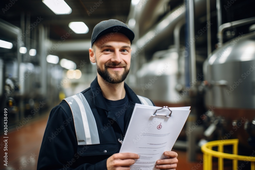 Poster inside the food processing factory with a positive smiling technologist holding checklist industrial