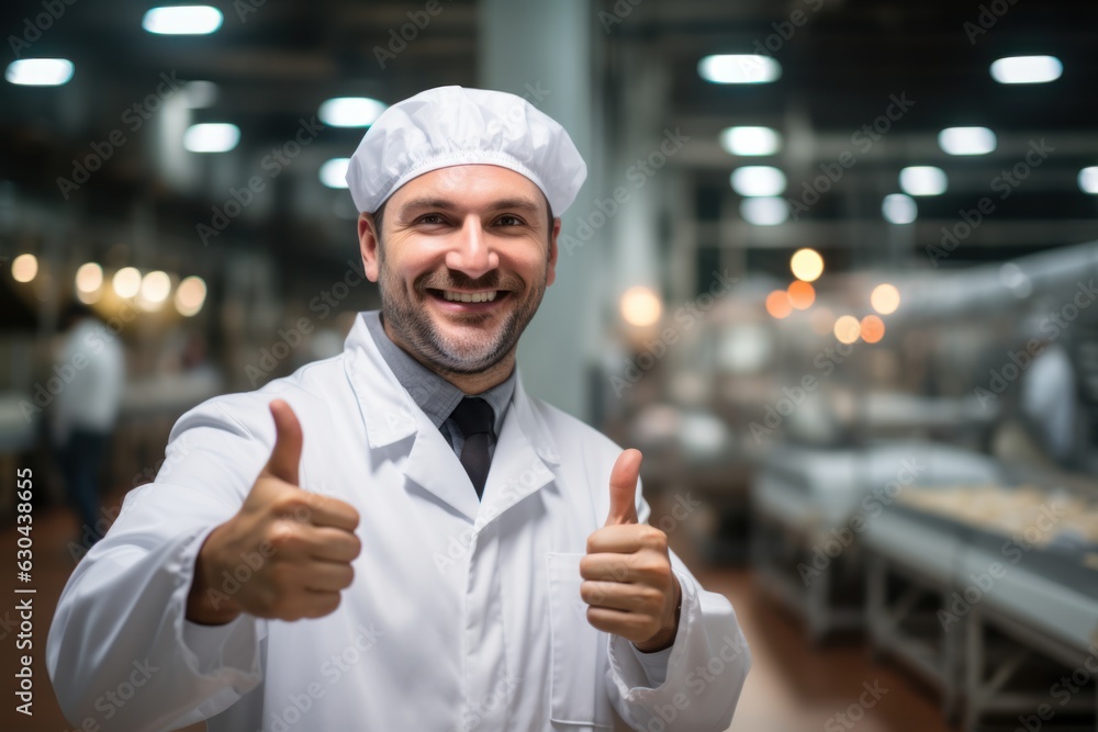 Poster inside the food processing factory with a positive smiling technologist holding checklist industrial
