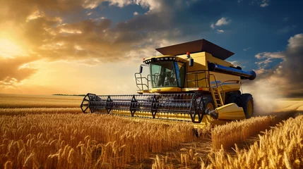 Papier Peint photo Prairie, marais Combine harvester harvests ripe wheat. agriculture,  Created using generative AI tools.