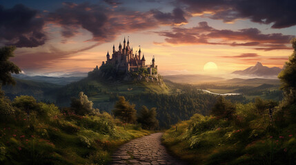 Enchanting Forest Journey: Road Leading to a Castle at Sunset