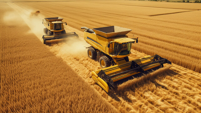 Combine harvester harvests ripe wheat. agriculture,  Created using generative AI tools.