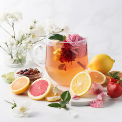 Rose Citrus Berry and Apple Homemade Tea on white background AI Generative