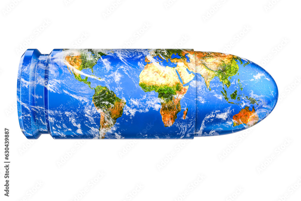 Poster bullet with earth globe texture, 3d rendering isolated on transparent background