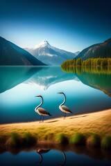 Two birds at the lake in the mountains