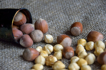 Ripe filbert kernels and hazelnuts in a shell on burlap background. Healthy nutrition, diet food. Close-up. Copy space. Shallow depth of field. Selective focus.