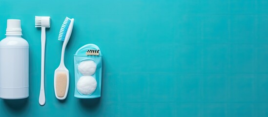 dental hygiene kit on a blue background with a toothbrush, electric toothbrush, tongue cleaner, floss, toothpaste tube, and mouthwash.