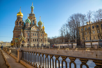 The ancient Cathedral of the Resurrection of Christ (Savior on Spilled Blood) on a spring evening....