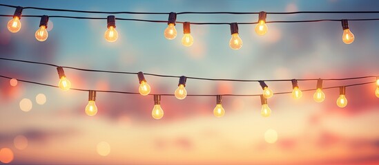 Festive string lights are being used to decorate a party event or festival at sunset. The light bulbs are arranged on a string wire, providing a backdrop against the colorful sky. empty space