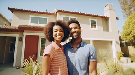 Happy young couple standing in front of new home - Husband and wife buying new house - Life style real estate concept - obrazy, fototapety, plakaty
