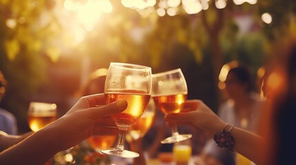 a group of friends having dinner and drinks outside. Vacation with friends. Fun, celebration. Summer time