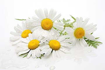 Chamomile flowers with water drops on a white background.