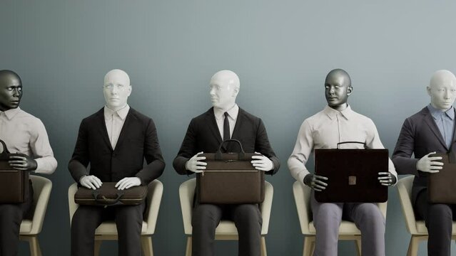 group of Futuristic android robots sitting on a chair and waiting for a job interview, AI and innovation concept