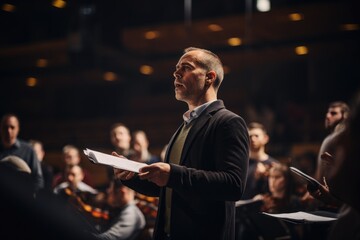 Opera singer rehearsing in the theater with orchestra members in the background, fine-tuning their performance for a show - obrazy, fototapety, plakaty