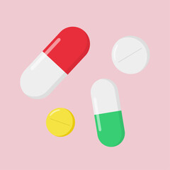 Vector medical colorful pills and capsules. Isolated on a pink background.