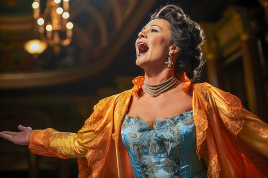 Opera diva sings, interpreting the music's emotional depths with grace and poise